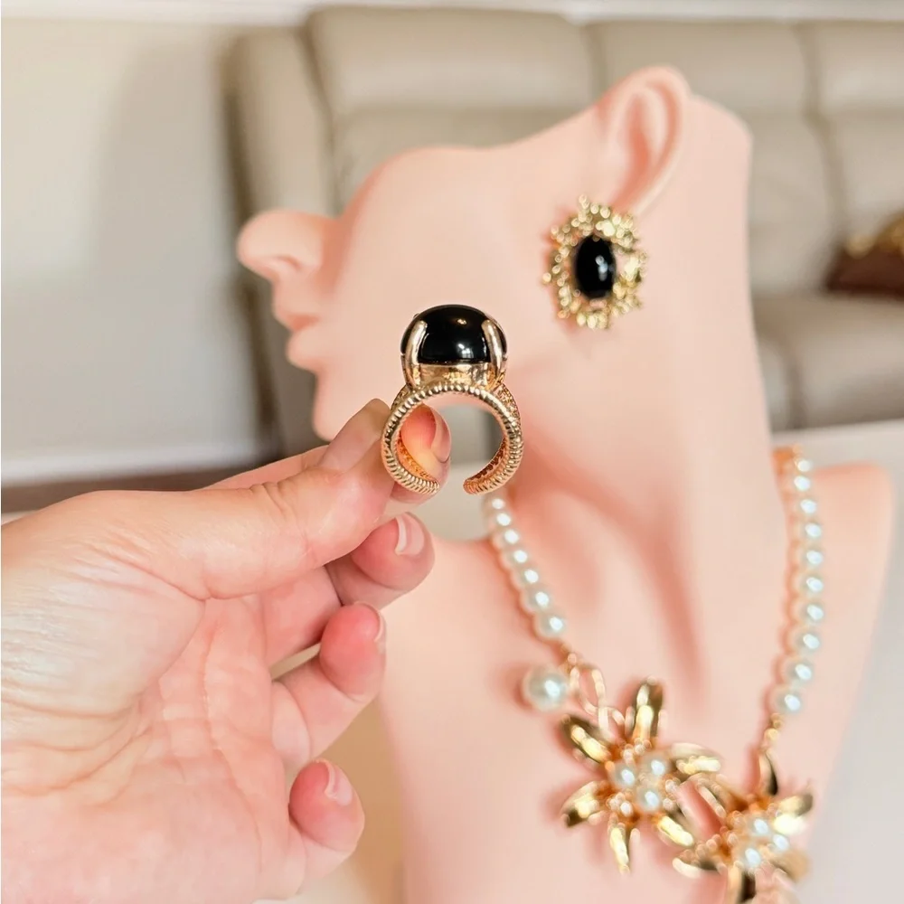 Gold-Tone Black Cabochon Statement Ring